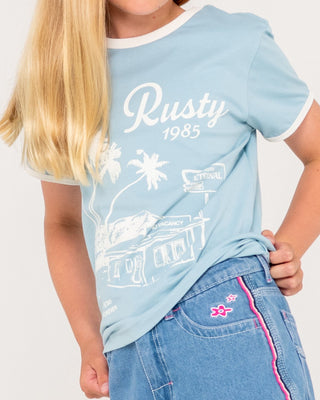 Girl wearing Sunset Wishes Ringer Tee in Glacier Lake