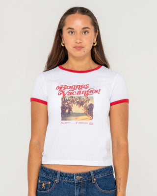 Woman wearing Bonnes Vacances Ringer Baby Tee in White