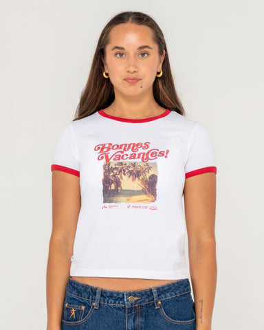 Woman wearing Bonnes Vacances Ringer Baby Tee in White