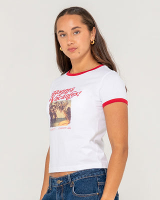 Woman wearing Bonnes Vacances Ringer Baby Tee in White