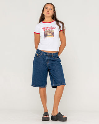 Woman wearing Bonnes Vacances Ringer Baby Tee in White