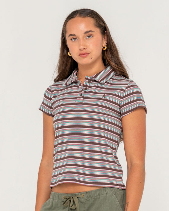 woman-wearing-blazed-stripe-baby-polo-tee-in-multi-stripe