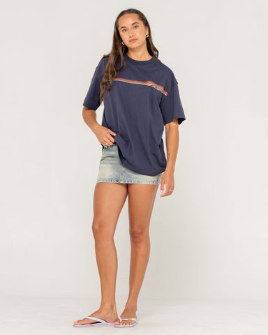 Woman wearing Wave Rider 2.0 Oversized Graphic Tee in Blue - midweight tee