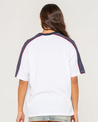 Woman wearing Archived Shooter Oversize Tee in White