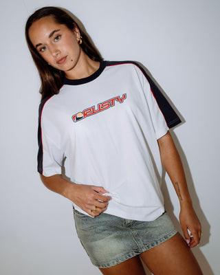Woman wearing Archived Shooter Oversize Tee in White