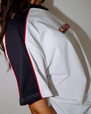 Woman wearing Archived Shooter Oversize Tee in White