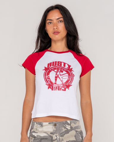 Woman wearing Daring Devil Cap Sleeve Baby Tee in White