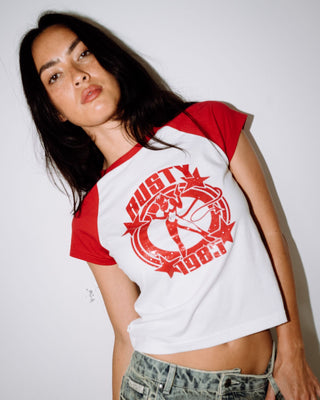 Woman wearing Daring Devil Cap Sleeve Baby Tee in White