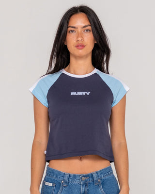 Woman wearing Bradley Mini Cap Sleeve Tee in Navy Blue