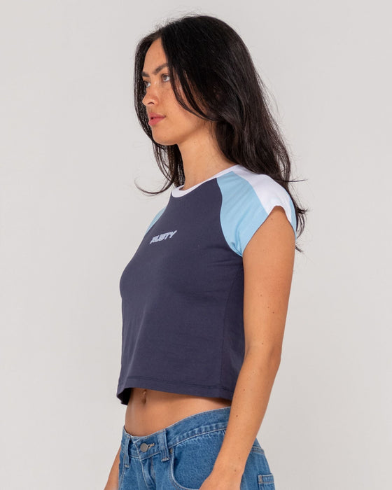 woman-wearing-bradley-mini-cap-sleeve-tee-in-navy-blue