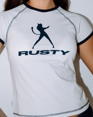 Woman wearing Delphie Devil Ringer Baby Tee in White