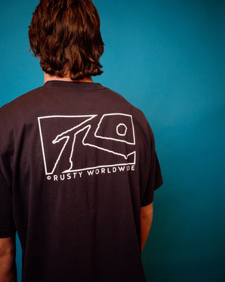 Man wearing Boxed Out Short Sleeve Tee in Navy Blue