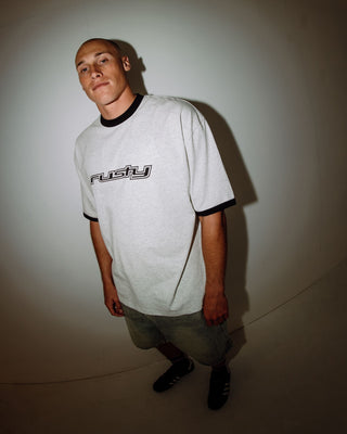 Man wearing Dead Ringer Short Sleeve Tee in Ecru Marle