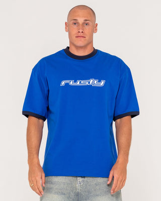 Man wearing Dead Ringer Short Sleeve Tee in Royal Blue