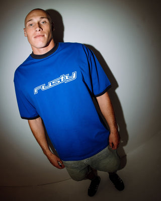 Man wearing Dead Ringer Short Sleeve Tee in Royal Blue