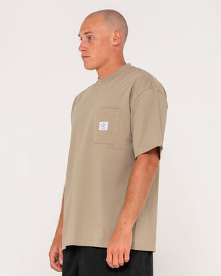 Man wearing Steezey Short Sleeve Heavy Tee in Khaki