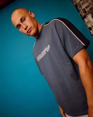 Man wearing Alonso Short Sleeve Tee in China Blue