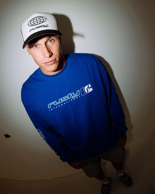 Man wearing Jetsetter Long Sleeve Tee in Royal Blue