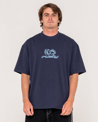 Man wearing Double Or Nothin Short Sleeve Tee in Navy Blue 2