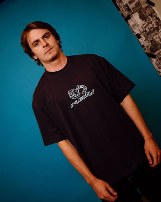 Man wearing Double Or Nothin Short Sleeve Tee in Navy Blue 2