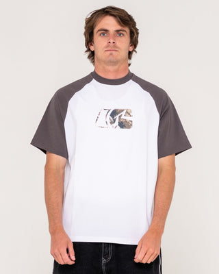 Man wearing Rambo Raglan Short Sleeve Tee in White