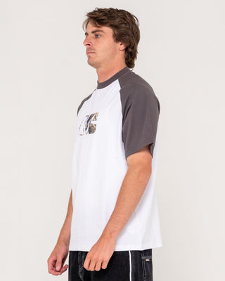 Man wearing Rambo Raglan Short Sleeve Tee in White