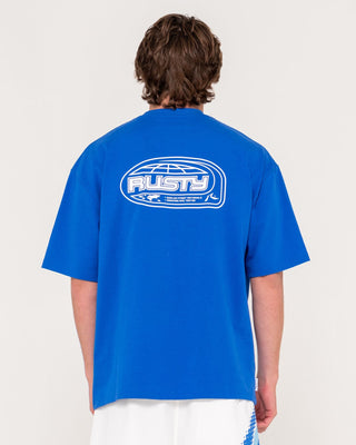 Man wearing Outer There Short Sleeve Heavy Tee in Royal Blue