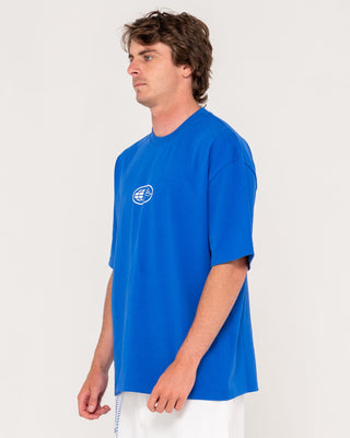 Man wearing Outer There Short Sleeve Heavy Tee in Royal Blue