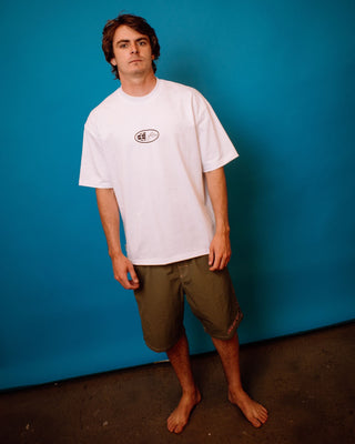 Man wearing Outer There Short Sleeve Heavy Tee in White