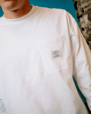 Man wearing Steezey Long Sleeve Heavy Tee in White