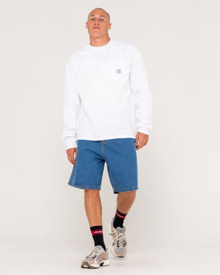 Man wearing Steezey Long Sleeve Heavy Tee in White