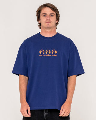 Man wearing Crusoe Short Sleeve Heavy Tee in Dark Blue