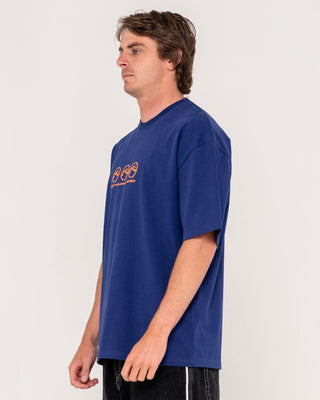 Man wearing Crusoe Short Sleeve Heavy Tee in Dark Blue
