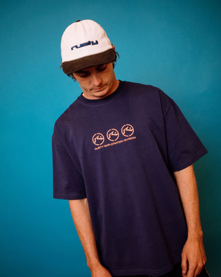 Man wearing Crusoe Short Sleeve Heavy Tee in Dark Blue