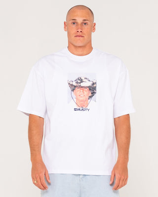 Man wearing Wanted Short Sleeve Tee in White