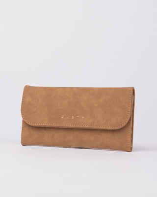 Womans Aria Suede Flap Wallet in Tan