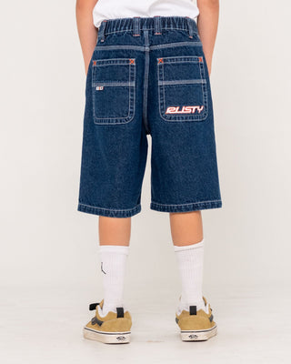 Boy wearing Flip Daddy Jort Boys - Deep Sea Blue in Deep Sea Blue / Orange