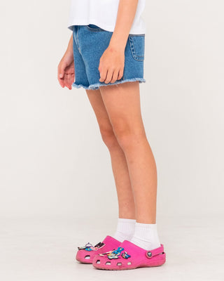 Girl wearing Penny Kick Flare Denim Short Girls in Middy Blue