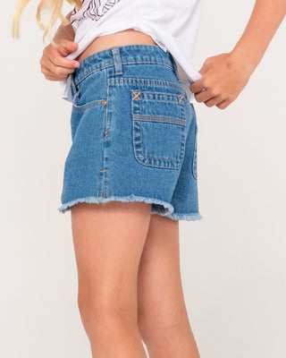 Girl wearing Penny Kick Flare Denim Short Girls in Middy Blue
