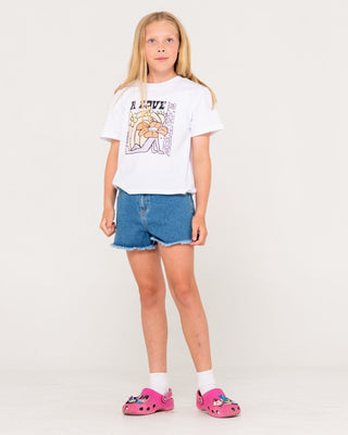 Girl wearing Penny Kick Flare Denim Short Girls in Middy Blue