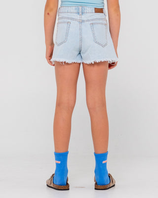 Girl wearing Penny Kick Flare Denim Short Girls in Sky Blue Heather