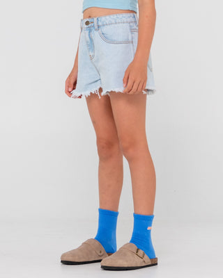Girl wearing Penny Kick Flare Denim Short Girls in Sky Blue Heather