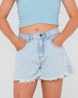 Girl wearing Penny Kick Flare Denim Short Girls in Sky Blue Heather