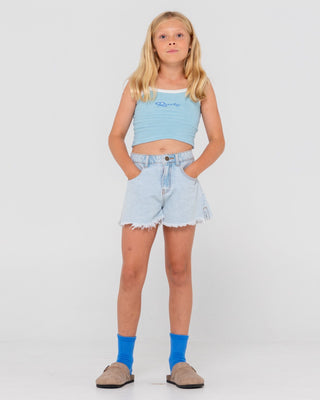Girl wearing Penny Kick Flare Denim Short Girls in Sky Blue Heather