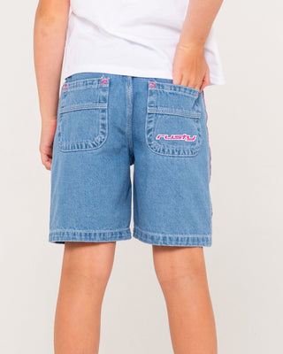 Girl wearing Flip Girl Low Rise Wide Leg Denim Jort in Middy Blue / Pink 1