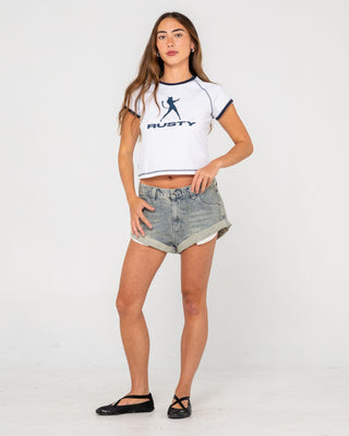 woman-wearing-pheonix-low-rise-denim-mini-short-in-dirty-dawg