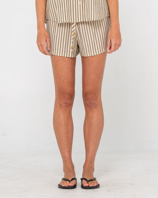 Woman wearing Sandy Stripe Short in Oatmeal Stripe