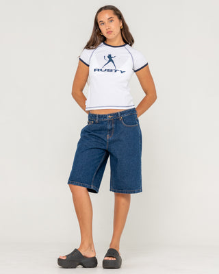 Woman wearing Bethany Baggy Low Rise Jort in Deep Sea Blue