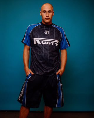 Man wearing Cybernate Sports Mesh Short in Navy Blue