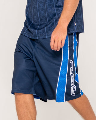 Man wearing Cybernate Sports Mesh Short in Navy Blue